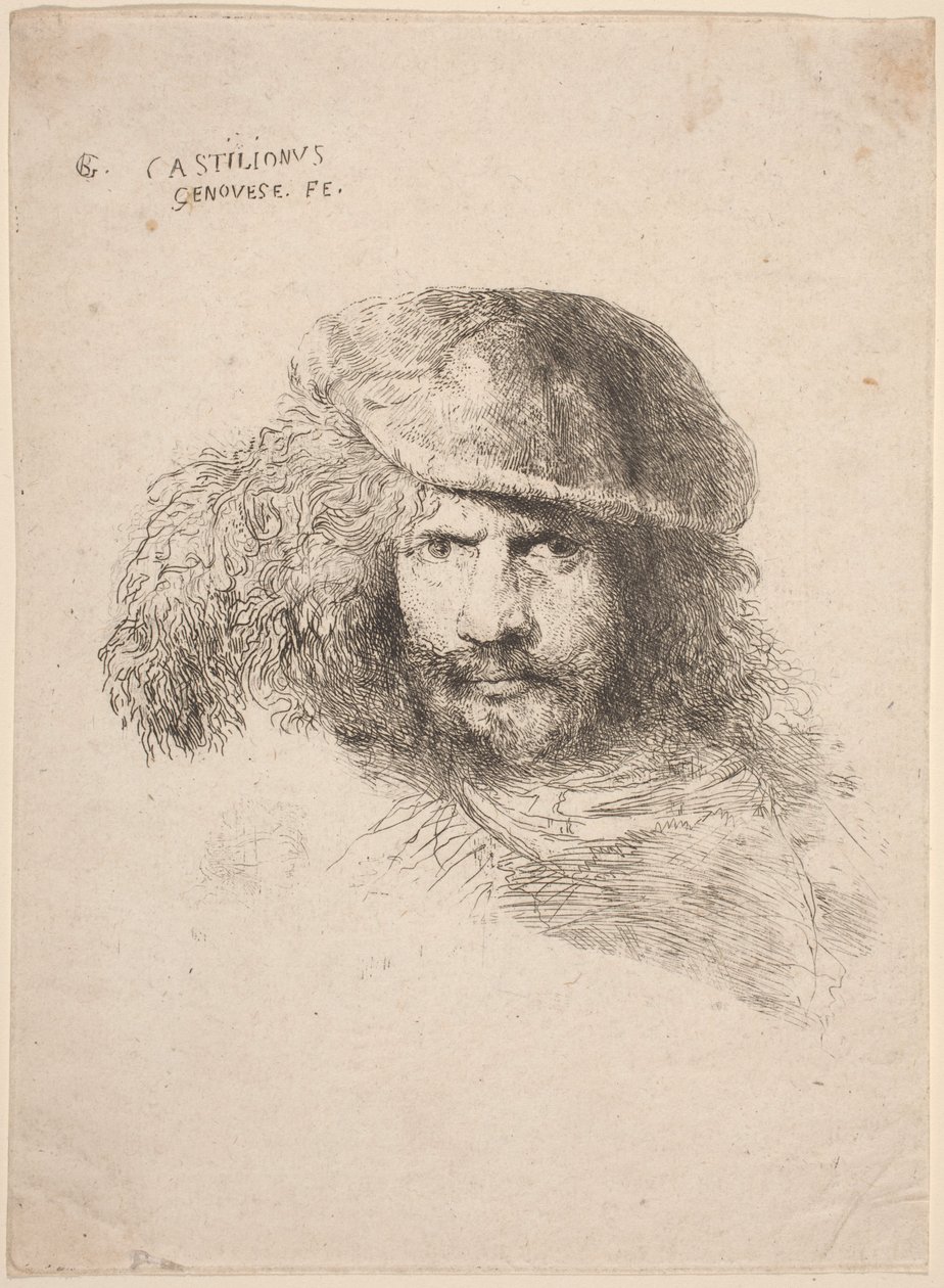 Hoofd van een jonge man met een gevederde hoed (zogenaamde zelfportret) door Giovanni Benedetto Castiglione