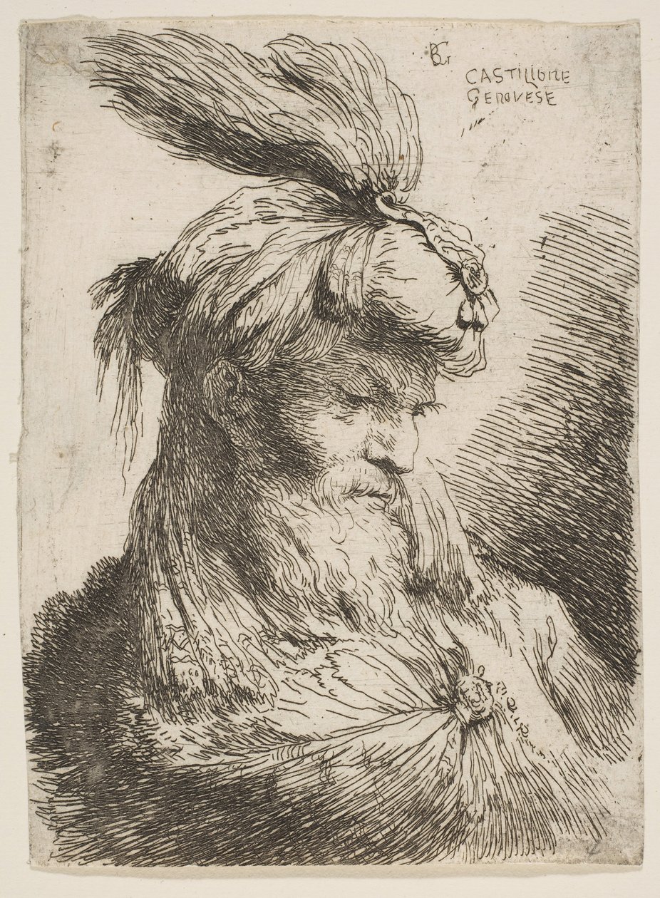 Hoofd van een bebaarde man met een tulband naar rechts gericht, uit de serie Kleine Hoofden..., ca. 1645-1650 door Giovanni Benedetto Castiglione