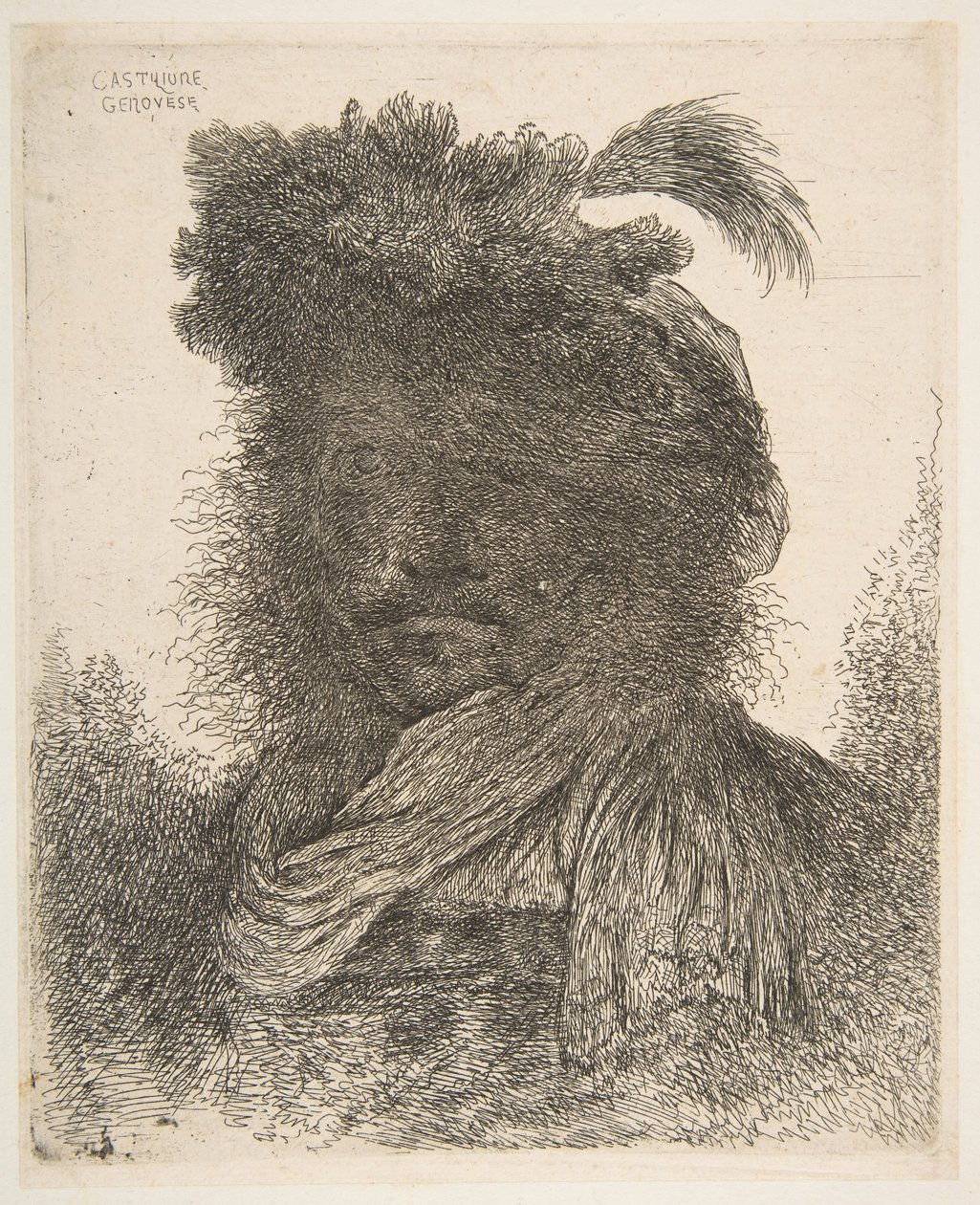 Hoofd van een man in schaduw licht naar links gedraaid, uit de serie van Grote Or door Giovanni Benedetto Castiglione