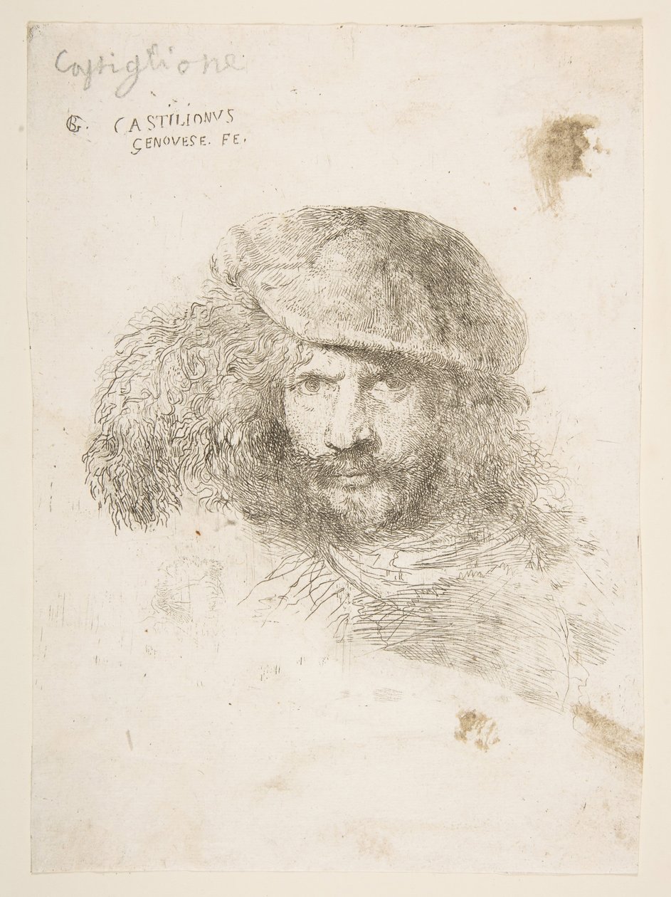 Hoofd van een man met een gevederde hoed mogelijk Bernini, mogelijk een zelfportret, ca. 1645-1650 door Giovanni Benedetto Castiglione