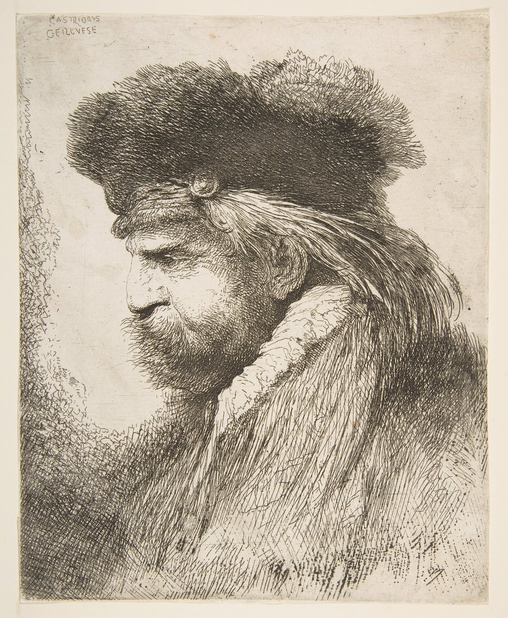 Hoofd van een oude man naar links, uit de serie van Grote Oosterse Hoofden, ca. 1645-50 door Giovanni Benedetto Castiglione