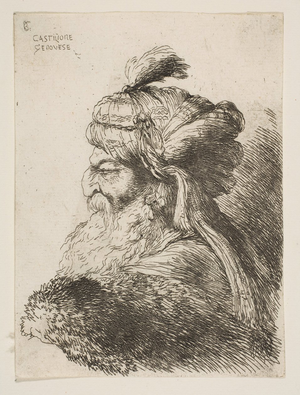 Hoofd van een oude man met tulband naar links, uit de serie van Kleine Hoofden, ca. 1645-1650 door Giovanni Benedetto Castiglione