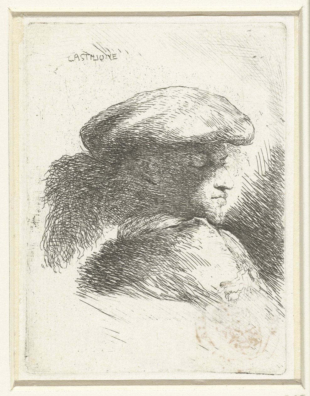 Hoofd van een jongeman met een muts met pluim door Giovanni Benedetto Castiglione