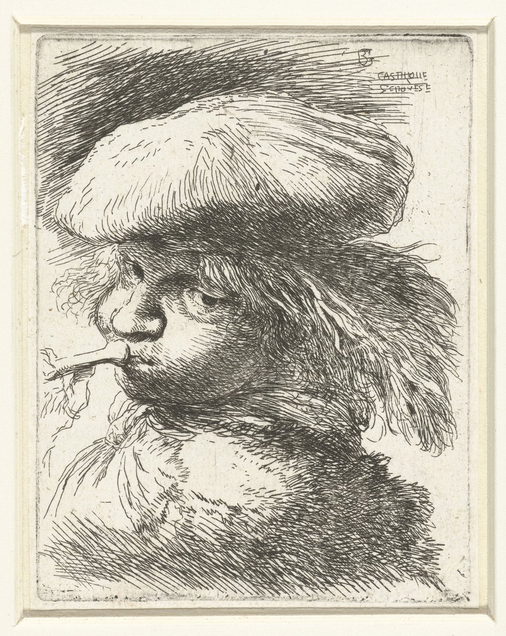 Hoofd van een jongen blazend op een trompet (Kleine studie van hoofden met oosterse hoofddeksels) door Giovanni Benedetto Castiglione