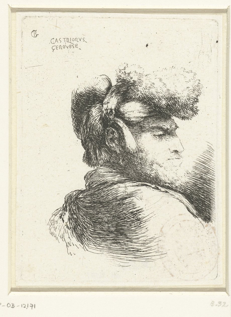 Hoofd van een man met een hoofdeksel afgezet met bont Kleine studie van hoofden met oosterse hoofddeksels (serie titel) door Giovanni Benedetto Castiglione