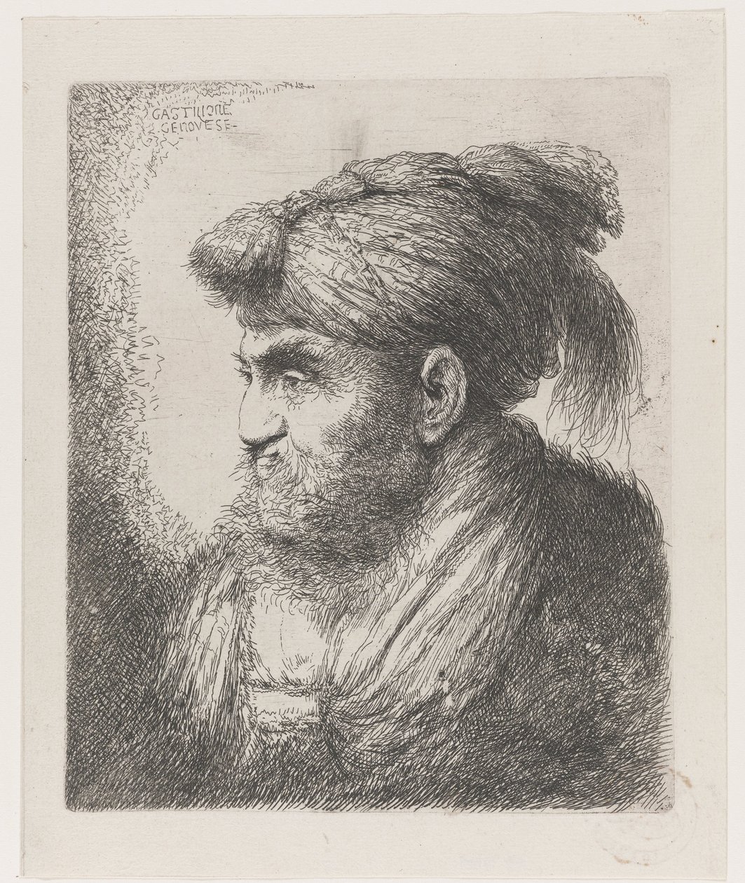 Hoofd van een man met een tulband met kwast (Grote studie van hoofden met oosterse hoofddeksels) door Giovanni Benedetto Castiglione