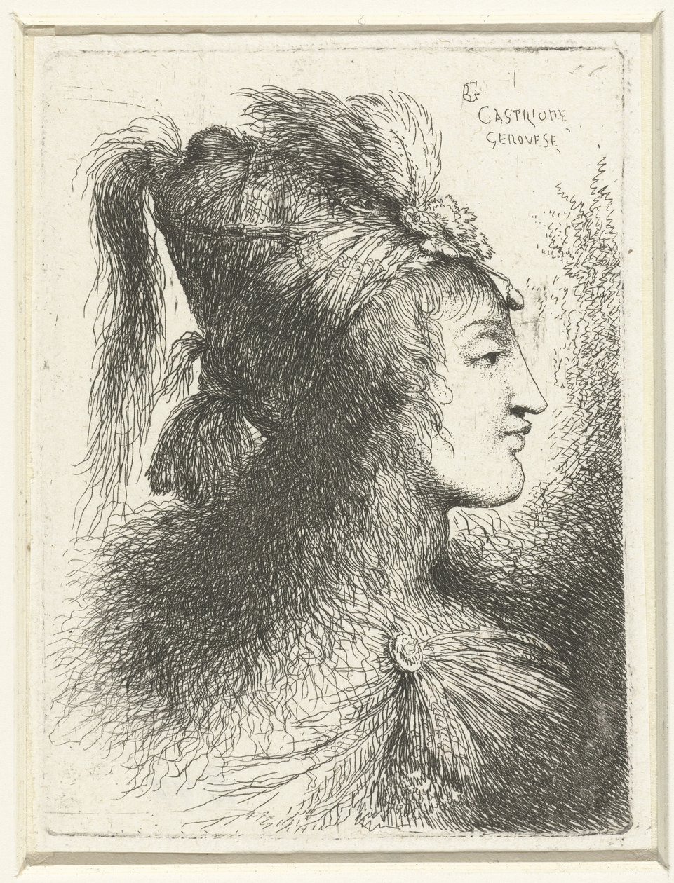Hoofd van jongeman met hoge muts Hoofd van een jonge vrouw Kleine studie van hoofden met oosterse hoofddeksels (serie titel) door Giovanni Benedetto Castiglione