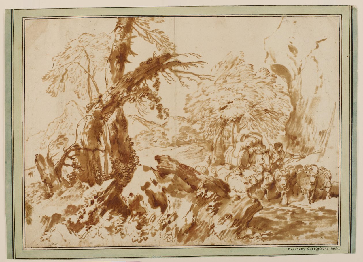 Landschap met kudde schapen, voortgedreven door een herder die een bepakte muilezel leidt door Giovanni Benedetto Castiglione