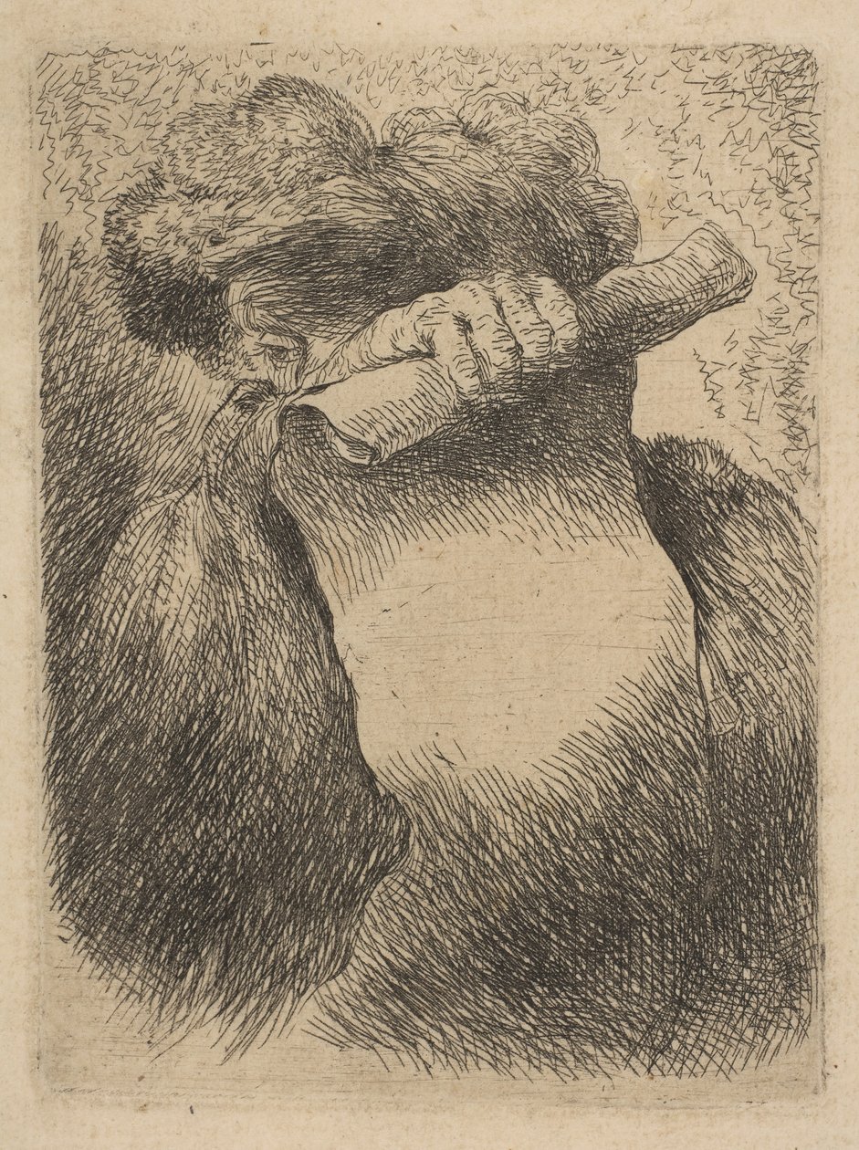 Man die een rol voor zijn gezicht houdt, uit de serie Kleine Hoofden in Oriëntaalse stijl, ca. 1645-50 door Giovanni Benedetto Castiglione