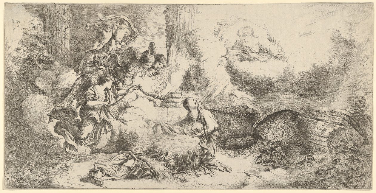 Geboorte met God de Vader en engelen door Giovanni Benedetto Castiglione