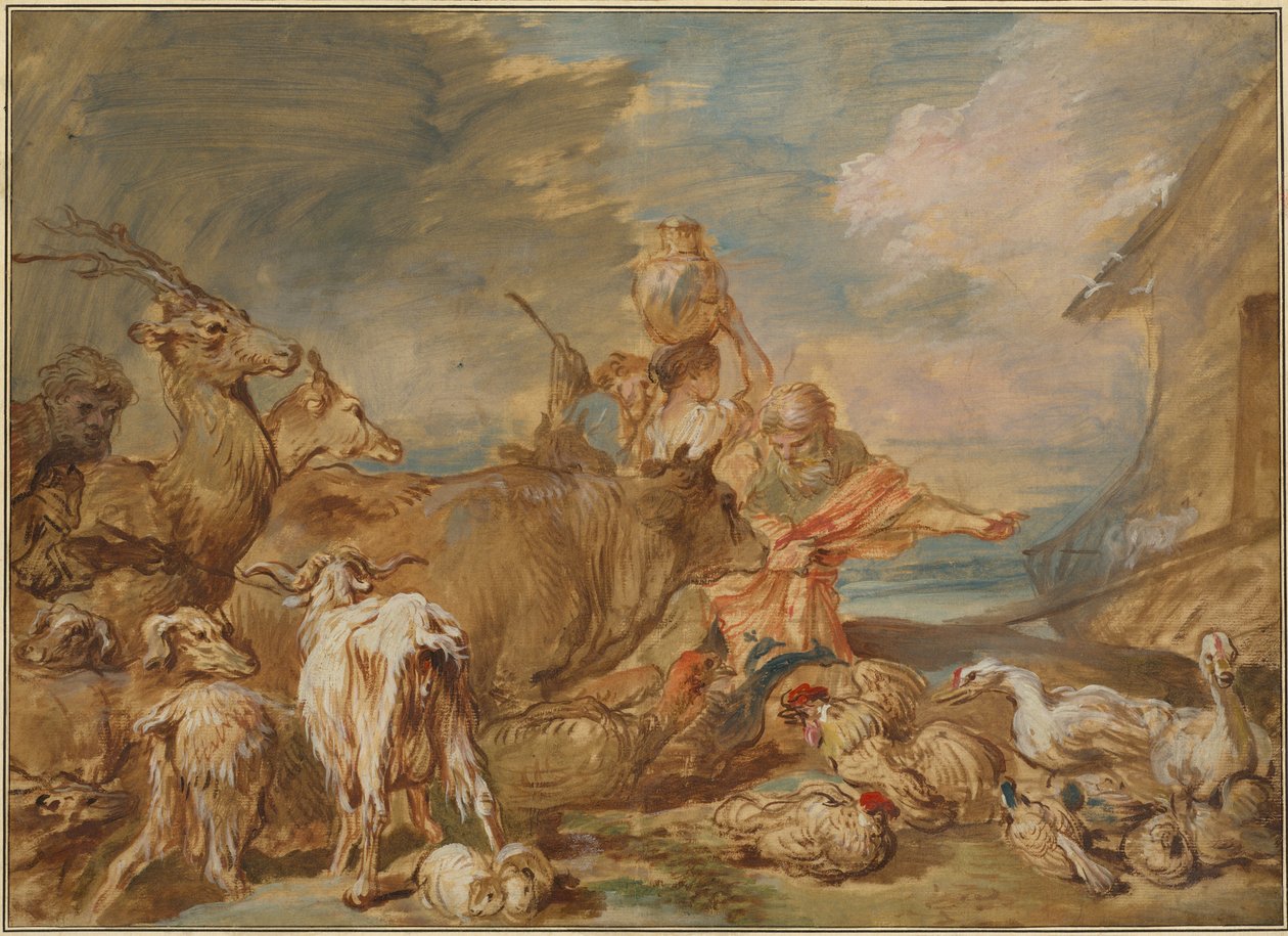Noach leidt de dieren naar de ark door Giovanni Benedetto Castiglione