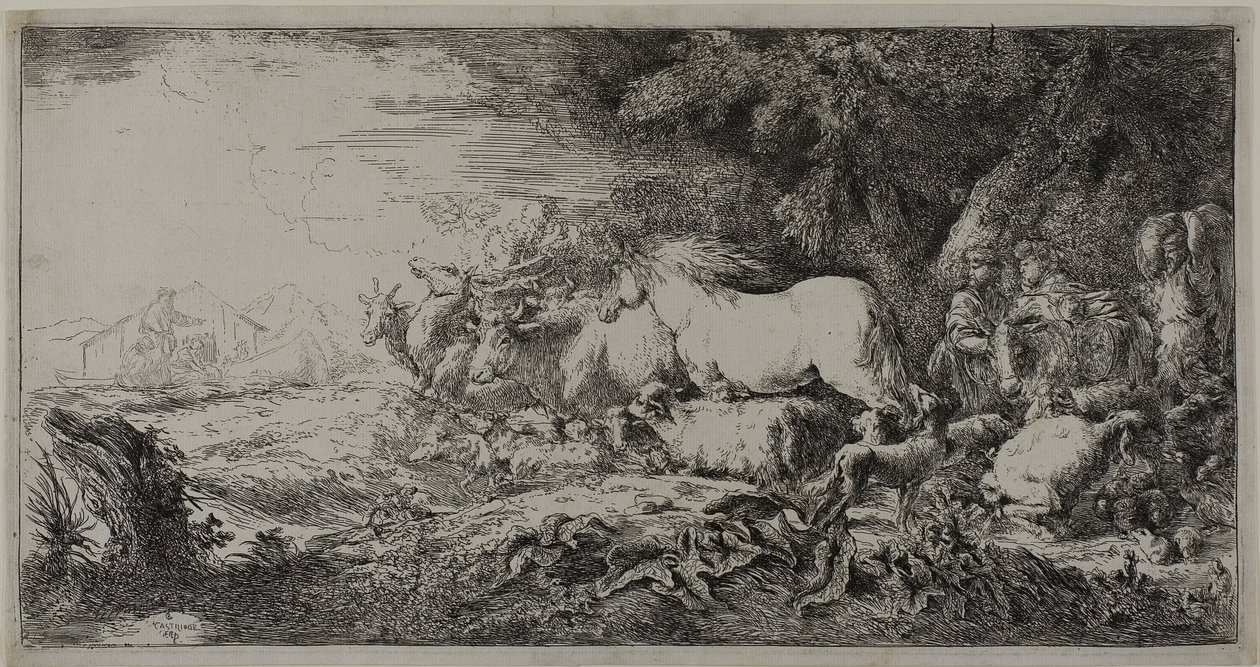 Noach en de dieren die de ark binnengaan door Giovanni Benedetto Castiglione