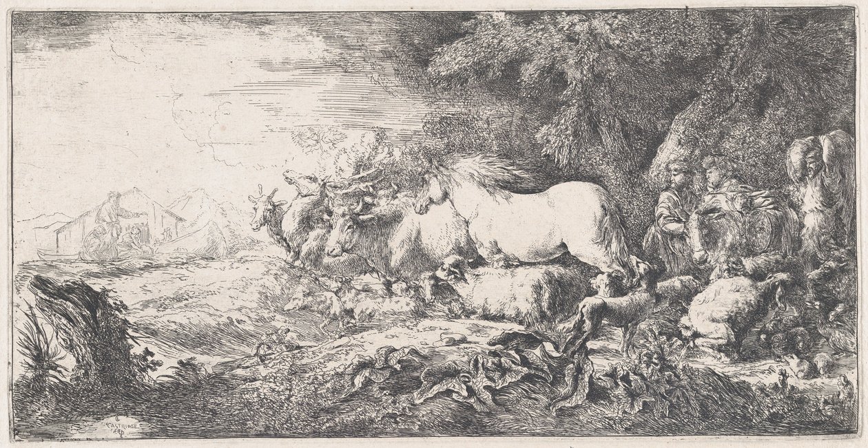 Noach en de dieren die de ark binnengaan door Giovanni Benedetto Castiglione