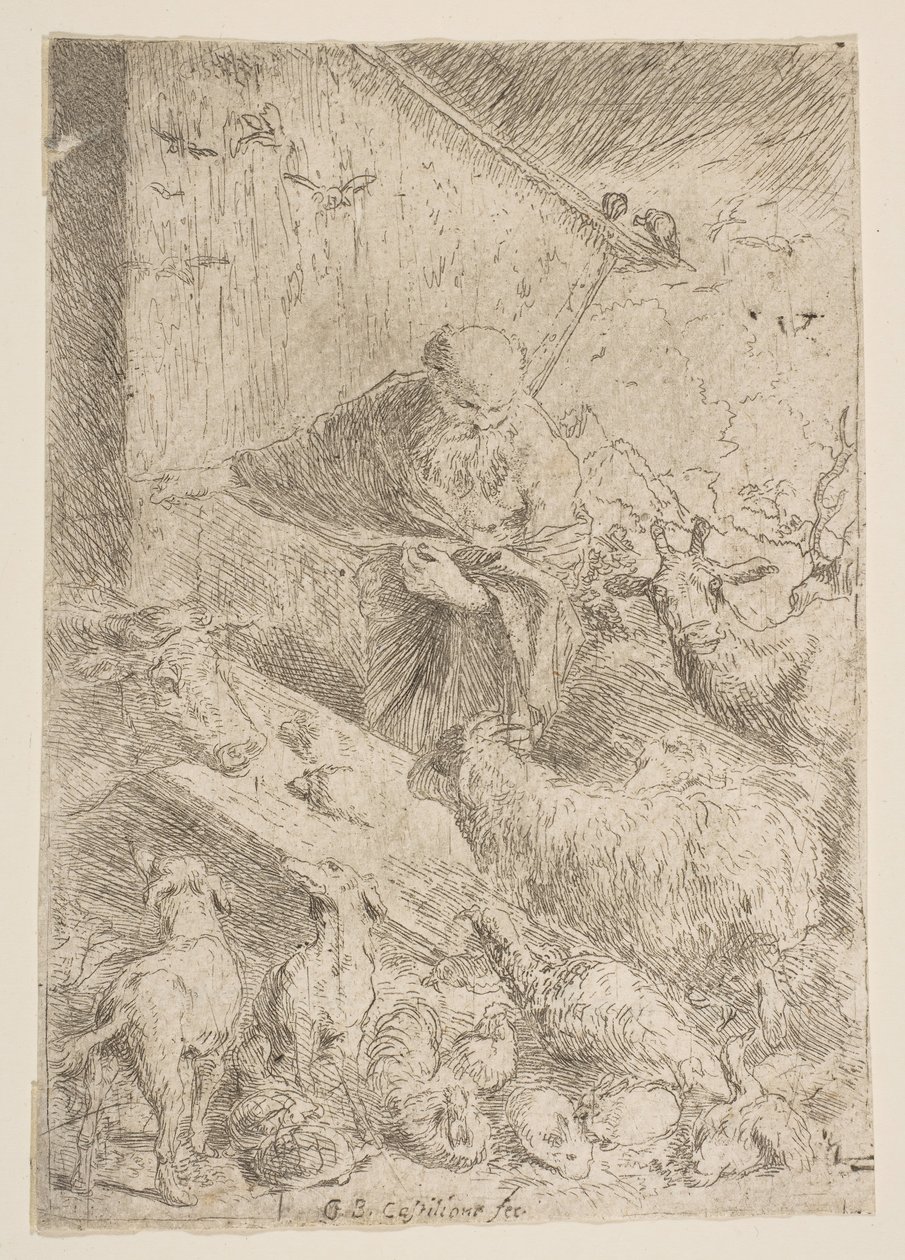 Noach laat de dieren in de ark door Giovanni Benedetto Castiglione
