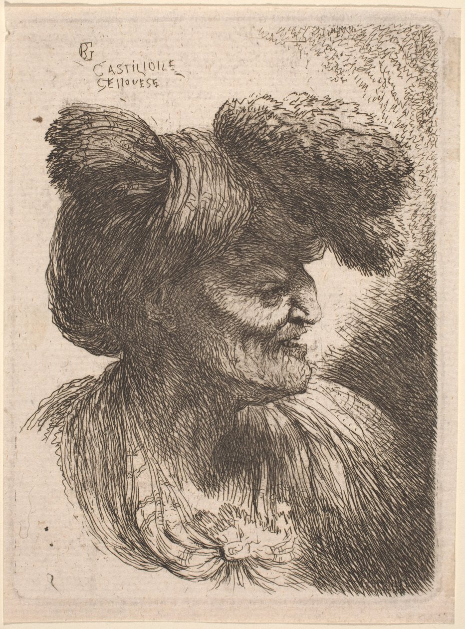 Oude man met een tulband versierd met bont, naar rechts gericht door Giovanni Benedetto Castiglione