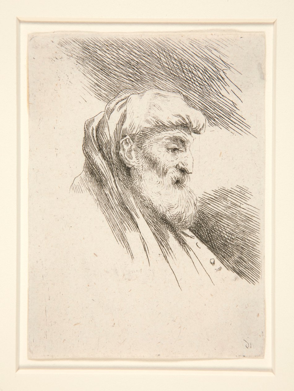 Oude man met lange baard, in profiel, naar rechts gekeerd (uit de serie Les petites tetes) door Giovanni Benedetto Castiglione