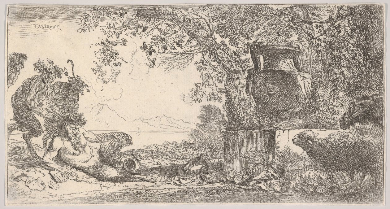 Pan liggend aan de linkerkant met twee staande saters, een grote vaas op een voetstuk aan de rechterkant, ca. 1645 door Giovanni Benedetto Castiglione