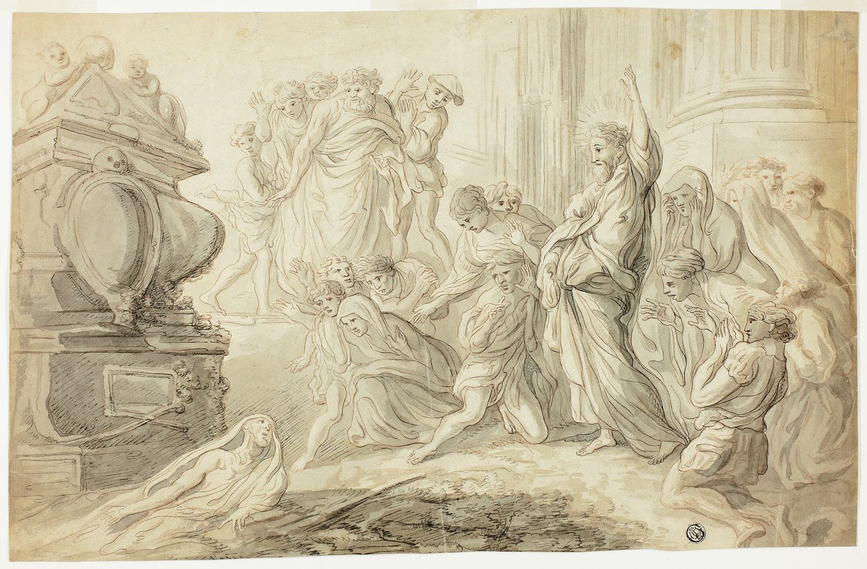 Opwekking van Lazarus (recto); Reizigers met kar buiten herberg (verso) door Giovanni Benedetto Castiglione