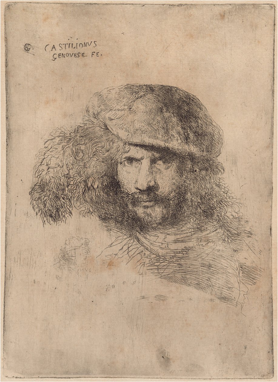 Zelfportret(?), met een gevederde hoed ["Portret van Bernini"] door Giovanni Benedetto Castiglione