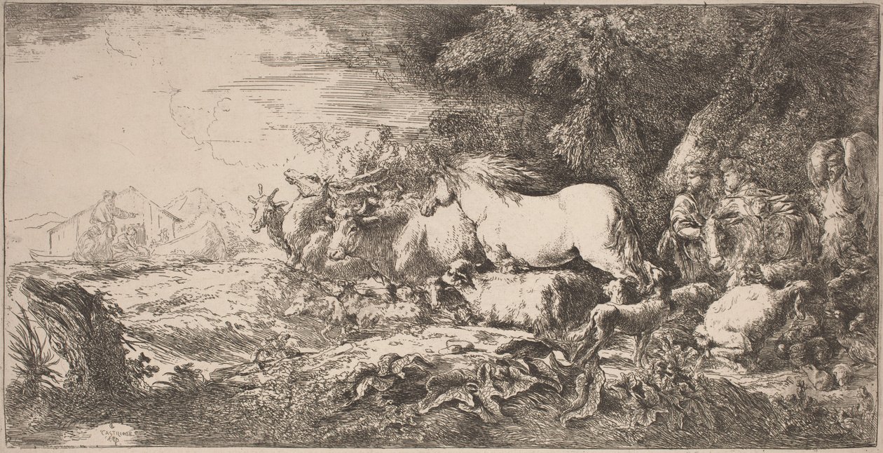 De dieren op weg naar de ark door Giovanni Benedetto Castiglione