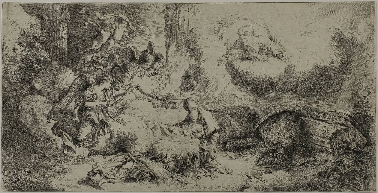 De geboorte van Christus met God de Vader en engelen door Giovanni Benedetto Castiglione