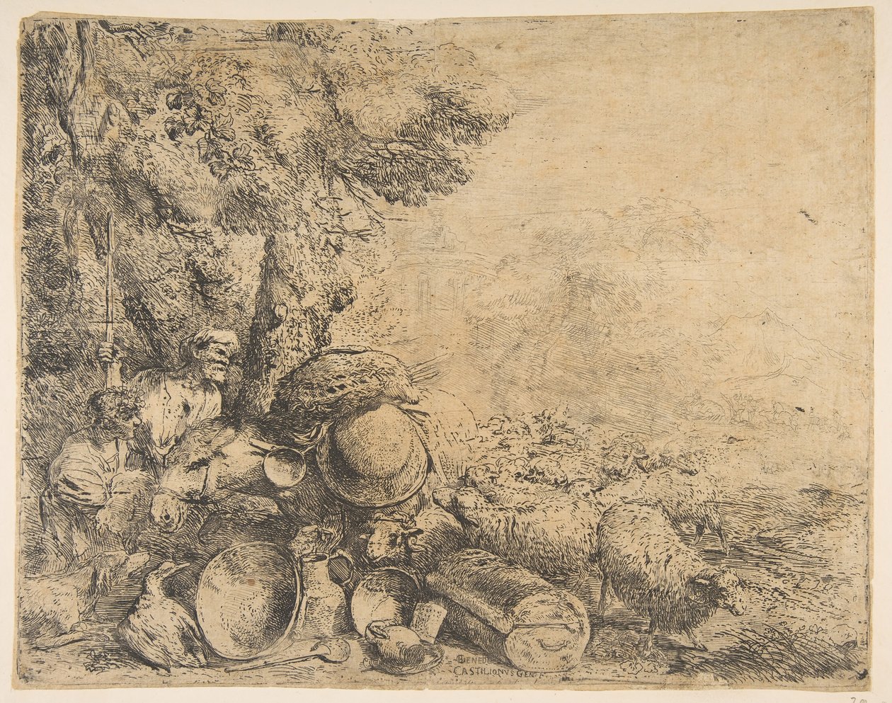 Twee herders, een ezel en andere dieren in een landschap, ca. 1638-1640 door Giovanni Benedetto Castiglione