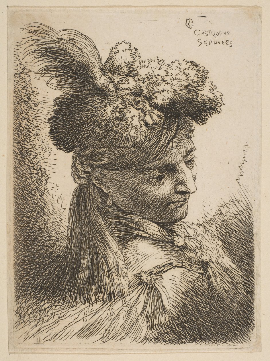 Jonge man naar rechts gekeerd met een bont hoofddeksel met een pluim, juweel door Giovanni Benedetto Castiglione