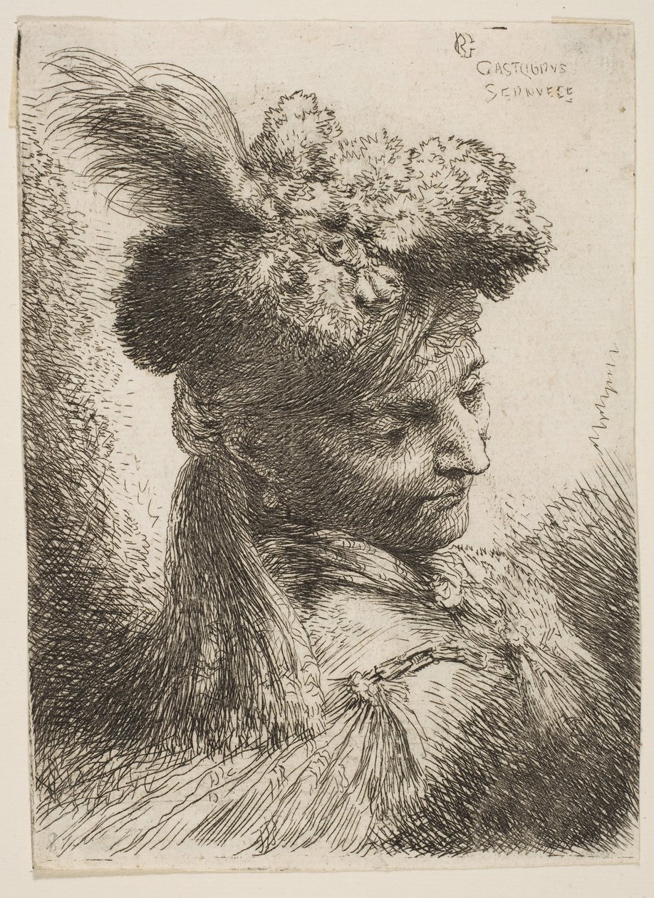 Jonge man drie kwart rechts met een bont hoofdtooi met een pluim, juweel... door Giovanni Benedetto Castiglione