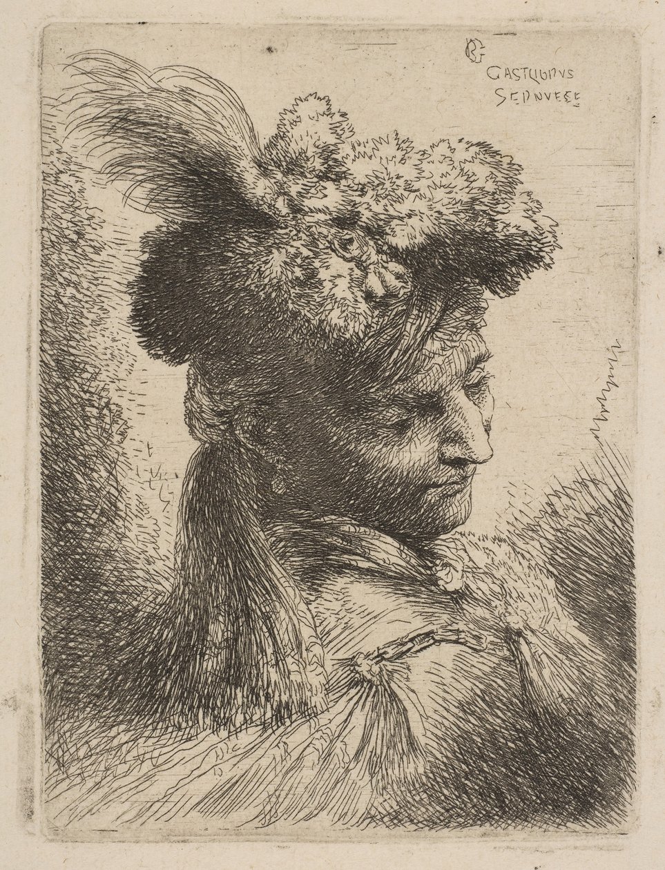 Jonge man met bont hoofddeksel met een pluim, juweel door Giovanni Benedetto Castiglione