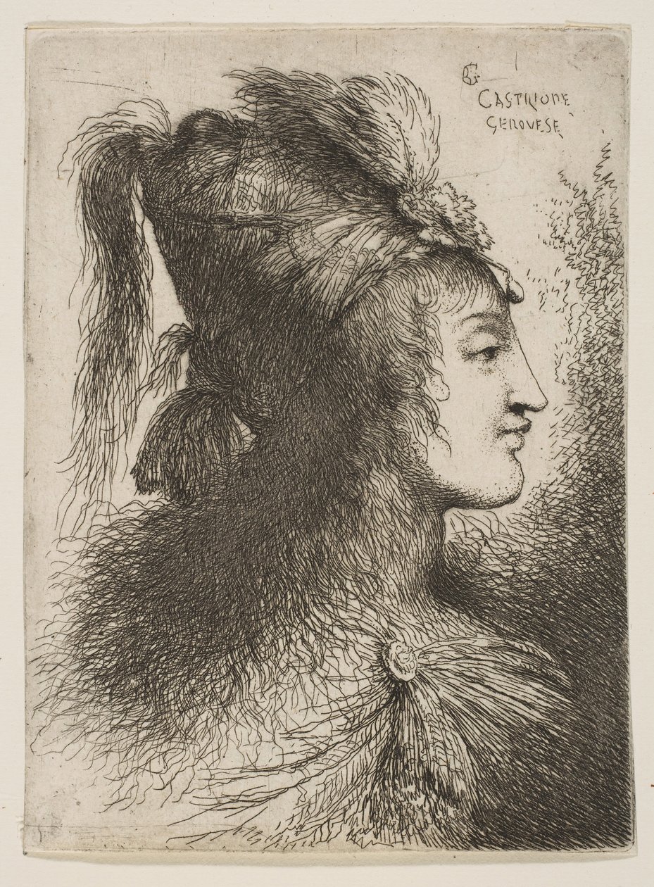 Jonge man met een gevederde tulband, naar rechts kijkend door Giovanni Benedetto Castiglione