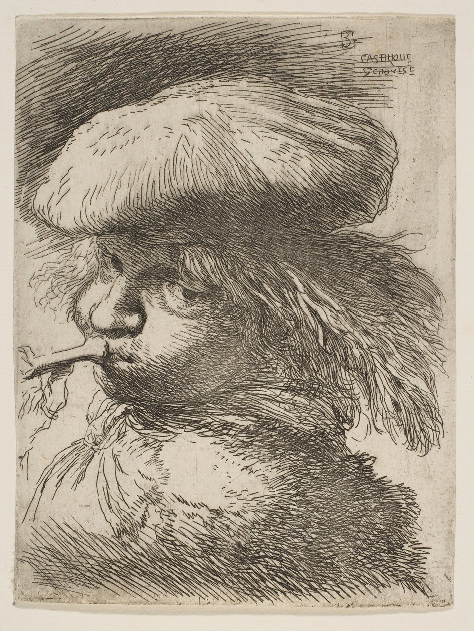 Jonge man met een trompet naar links, uit de serie Kleine Hoofden in Oriëntaalse stijl door Giovanni Benedetto Castiglione