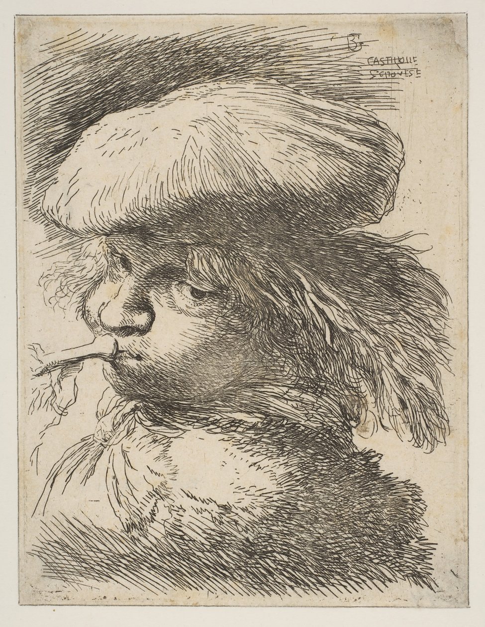 Jonge man met een trompet naar links, uit de serie Kleine Hoofden in Oriëntaalse stijl door Giovanni Benedetto Castiglione