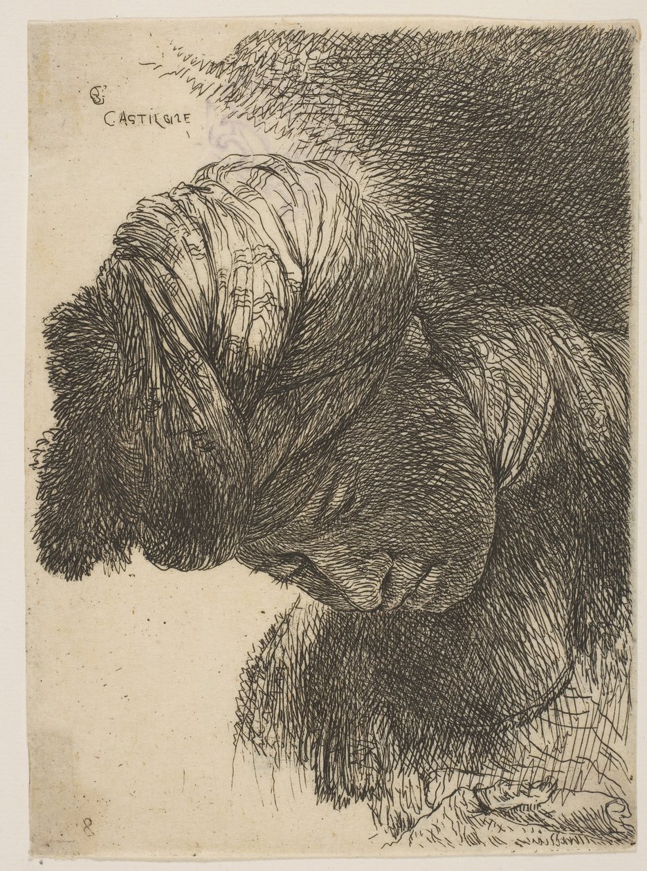 Jonge man met gebogen hoofd, met een tulband, naar links gericht, uit de serie, ca. 1645-1650 door Giovanni Benedetto Castiglione