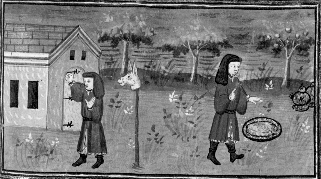 Decameron, Frédéric klopt aan bij Madame Tessa; de man vindt eten en wijn onder een perzikboom. Zevende dag, kort verhaal 1 door Giovanni Boccaccio