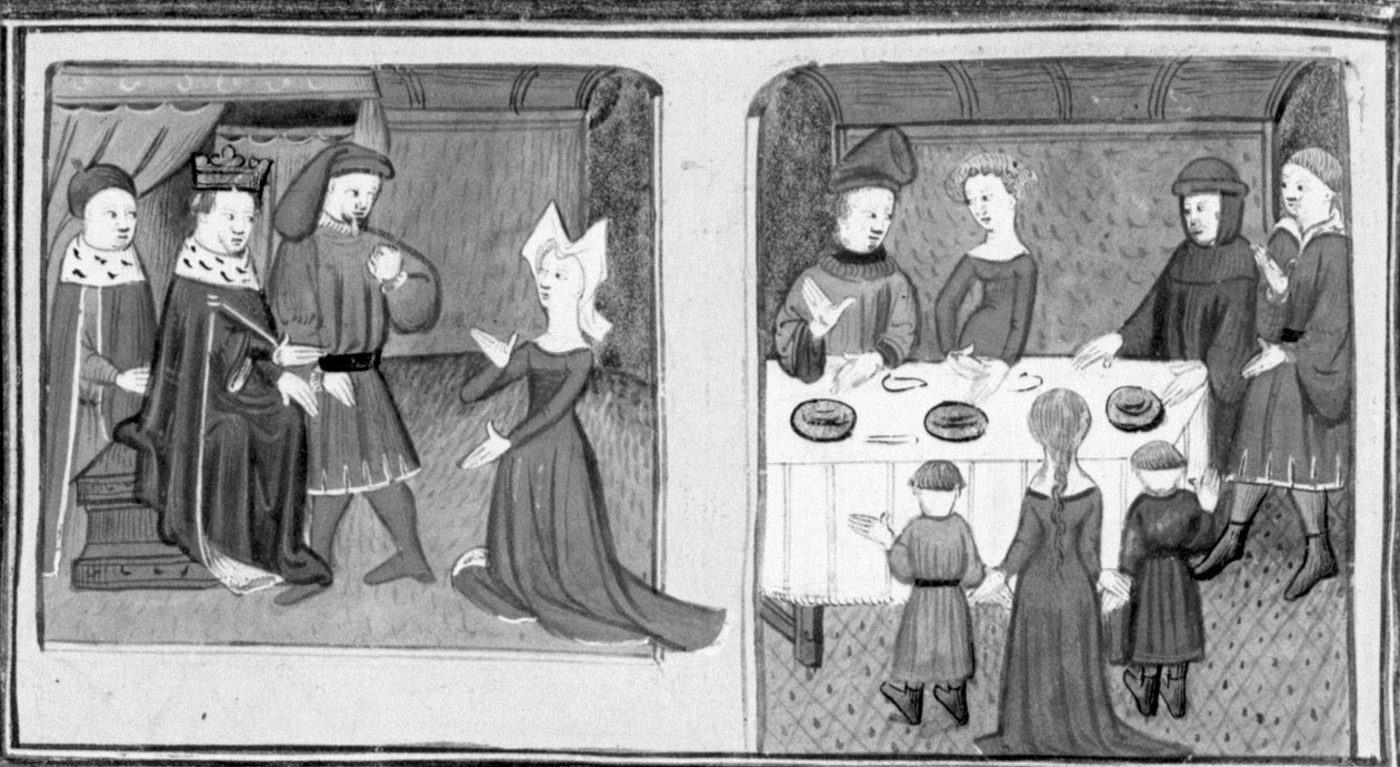 Decameron,Giletta vraagt de koning haar te laten trouwen met Beltramo di Rossiglione; Giletta presenteert haar kinderen aan Beltramo. Derde dag, kort verhaal 9 door Giovanni Boccaccio
