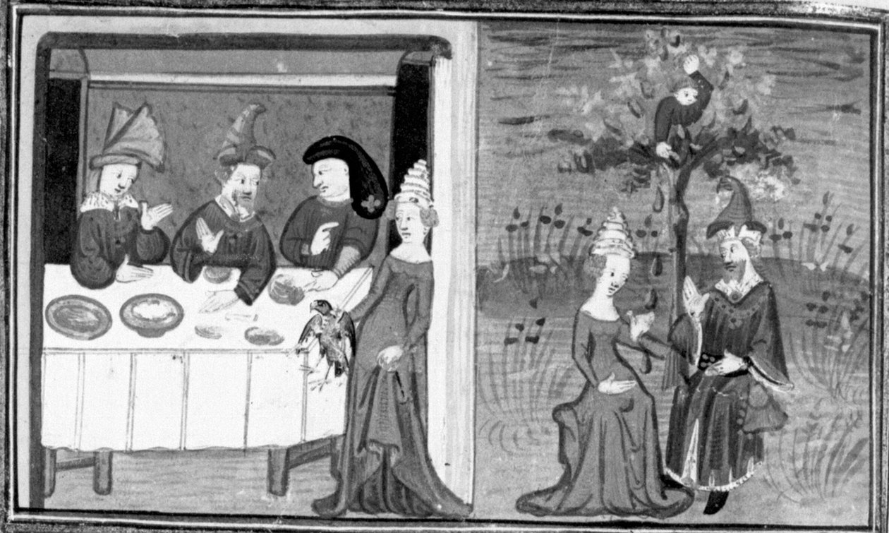 Decameron, Lidia doodt de sperwer van haar man; de vrouw praat met haar man in de wei. Zevende dag, nieuws 9 door Giovanni Boccaccio