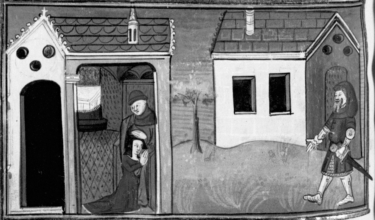 Decameron, Arimino hoort de bekentenis van zijn vrouw; de man staat op wacht bij de deur van het huis. Zevende dag, kort verhaal 5 door Giovanni Boccaccio