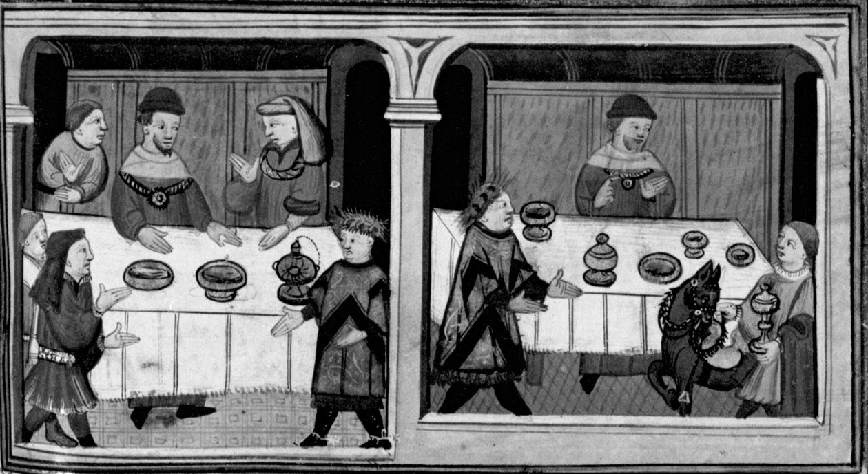 Decameron, Bergamin wordt uitgenodigd aan de tafel van Cangrande della Scala; Bergamin ontvangt weelderige geschenken. Eerste dag, nieuw 7. door Giovanni Boccaccio