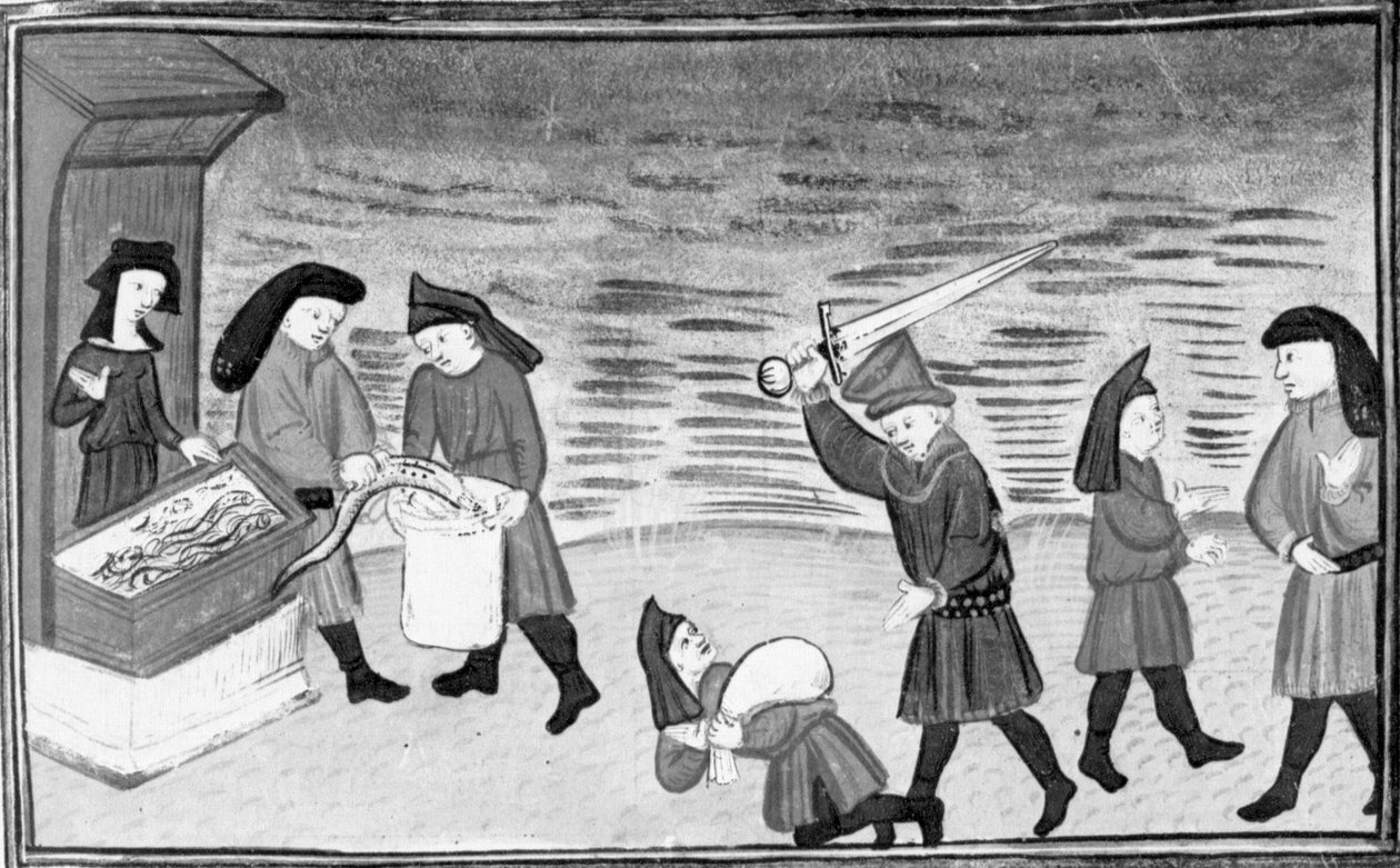 Decameron, Biondello laat Ciacco de lampreien zien; Filippo valt Biondello aan; Ciacco en Biondello maken het goed. Dag negen, nieuwsbericht 8 door Giovanni Boccaccio