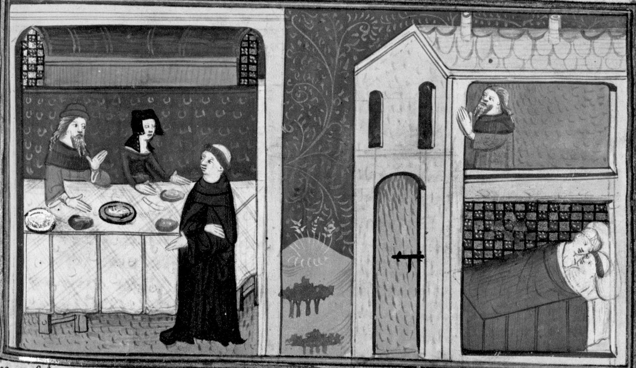 Decameron, Don Felice wordt uitgenodigd aan tafel bij broeder Puccio; Don Felice ligt in bed met Puccio