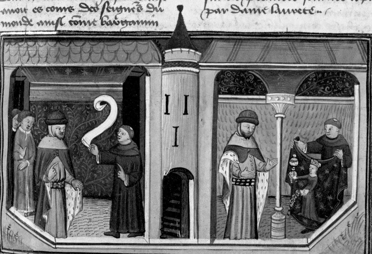 Decameron, Ermino Grimaldi ondervraagt Guillaume Borsiere; Guillaume toont hem de afbeelding van Courtesy. Eerste dag, nieuws 8. door Giovanni Boccaccio