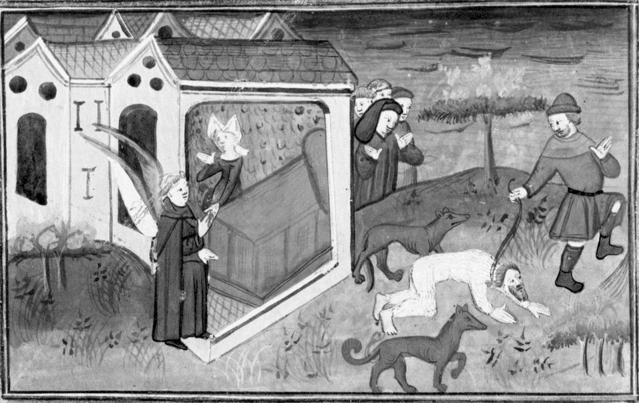 Decameron, broeder Alberto bezoekt Lisetta; Alberto, gekleed als een wilde, wordt meegenomen de straat op. Vierde dag, kort verhaal 2 door Giovanni Boccaccio