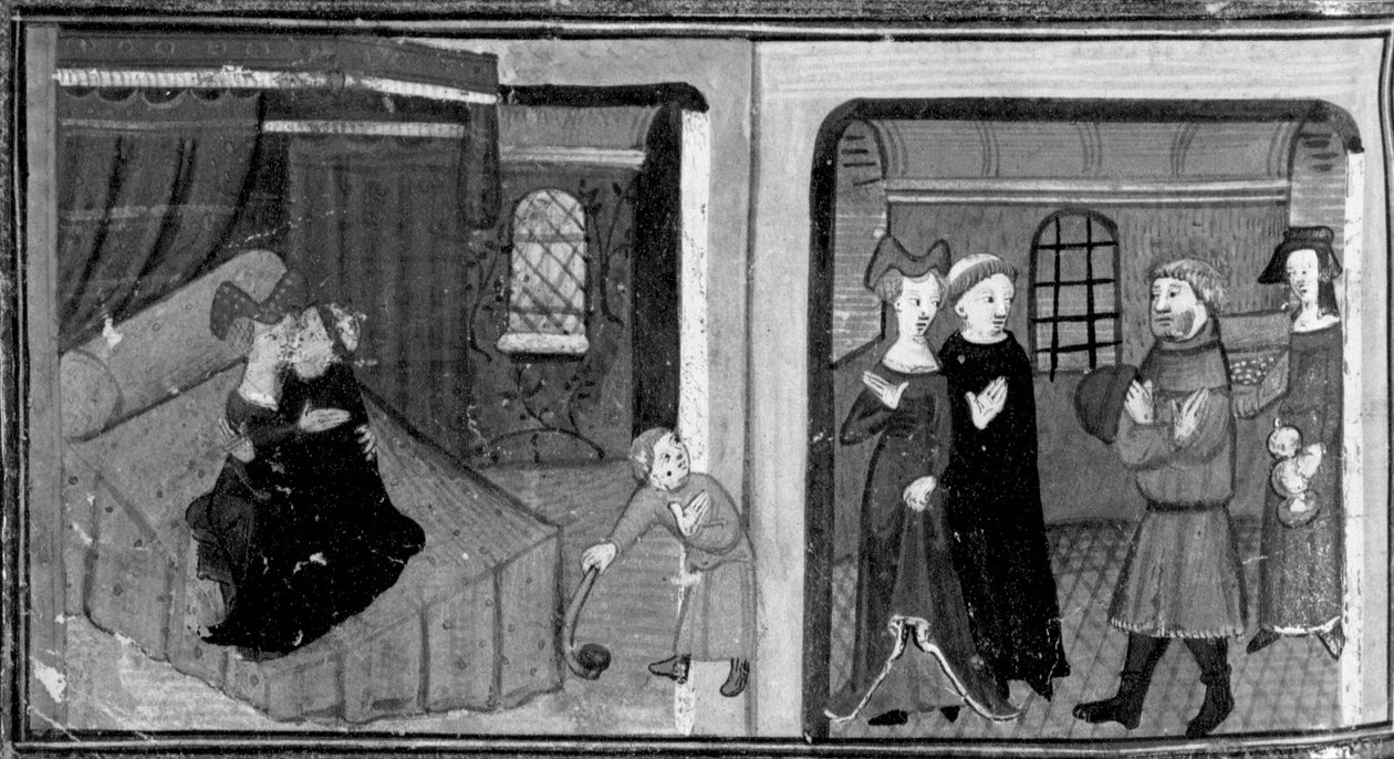 Decameron, Broeder Rinaldo slaapt met de moeder van zijn petekind; de broer wordt beloond door de vader van het kind . Zevende dag, kort verhaal 3 door Giovanni Boccaccio