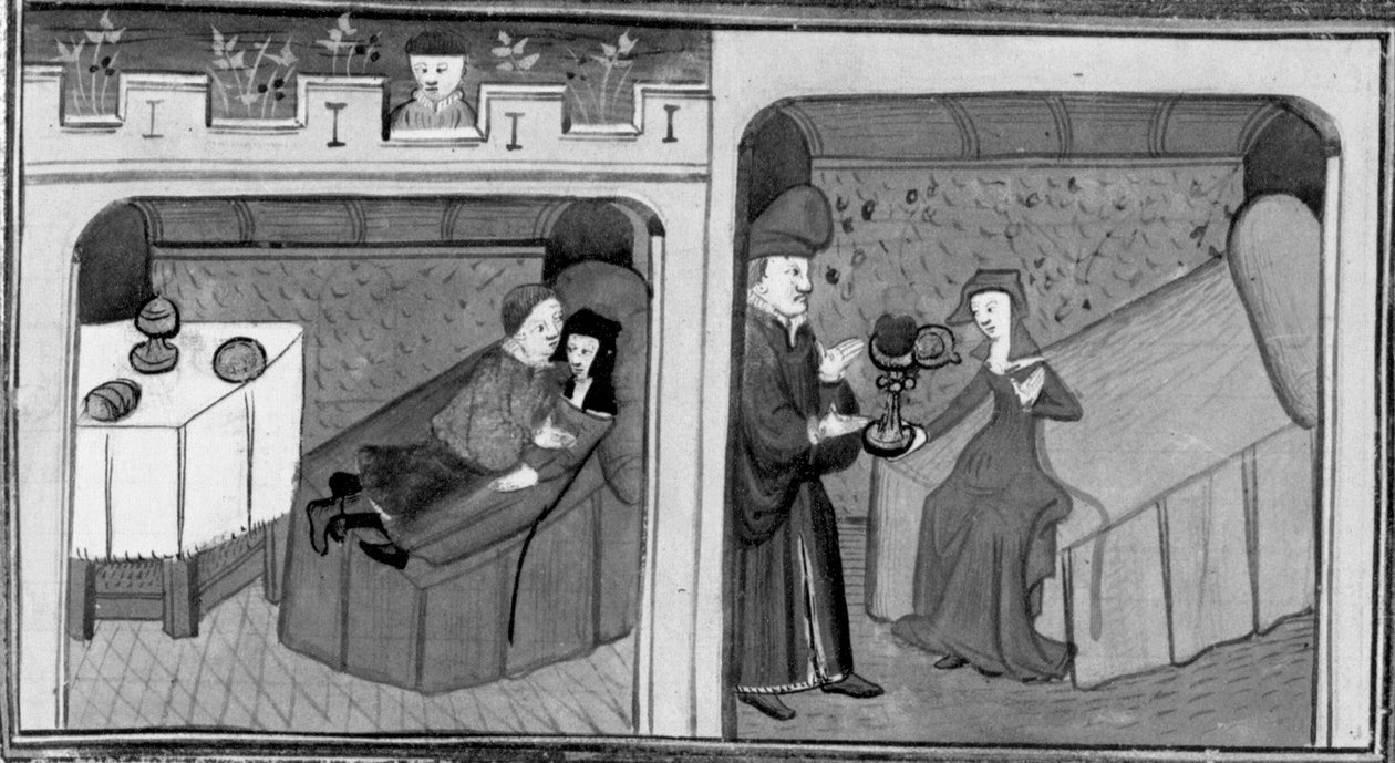 Decameron, Ghismonda slaapt met Guiscardo; Tancredi geeft zijn dochter het hart van de geliefde. Vierde dag, kort verhaal 1 door Giovanni Boccaccio
