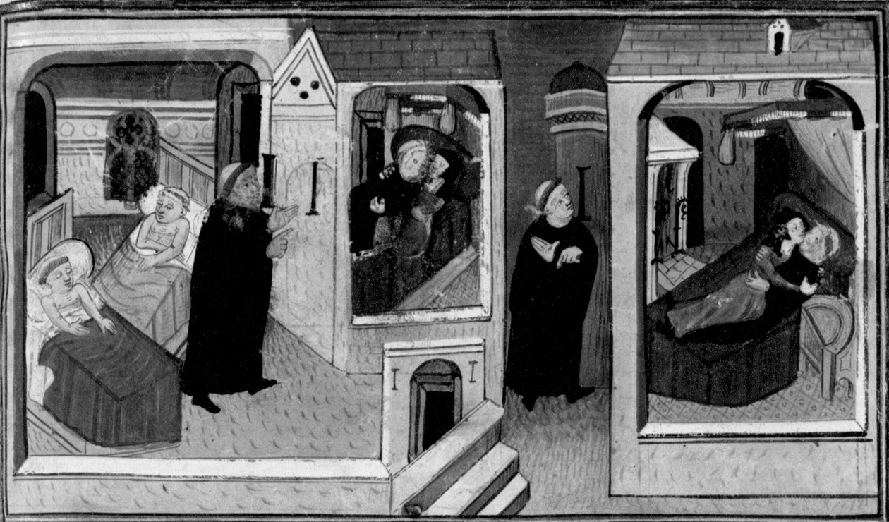 Decameron, De abt bespioneert de monnik in zijn cel; de monnik bespioneert op zijn beurt de abt. Eerste dag, nieuws 4. door Giovanni Boccaccio