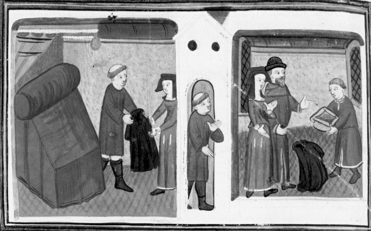 Decameron, De pastoor van Varlungo verpandt zijn jas aan Madame Belcolore; een geestelijke geeft de vrouw een vijzel. Achtste dag, kort verhaal 2 door Giovanni Boccaccio