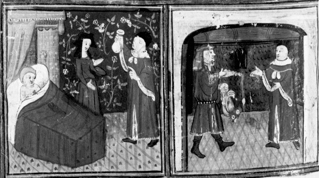 Decameron, Simone de dokter geeft Calandrino het infuus; Calandrino betaalt de dokter. Negende dag, kort verhaal 3 door Giovanni Boccaccio