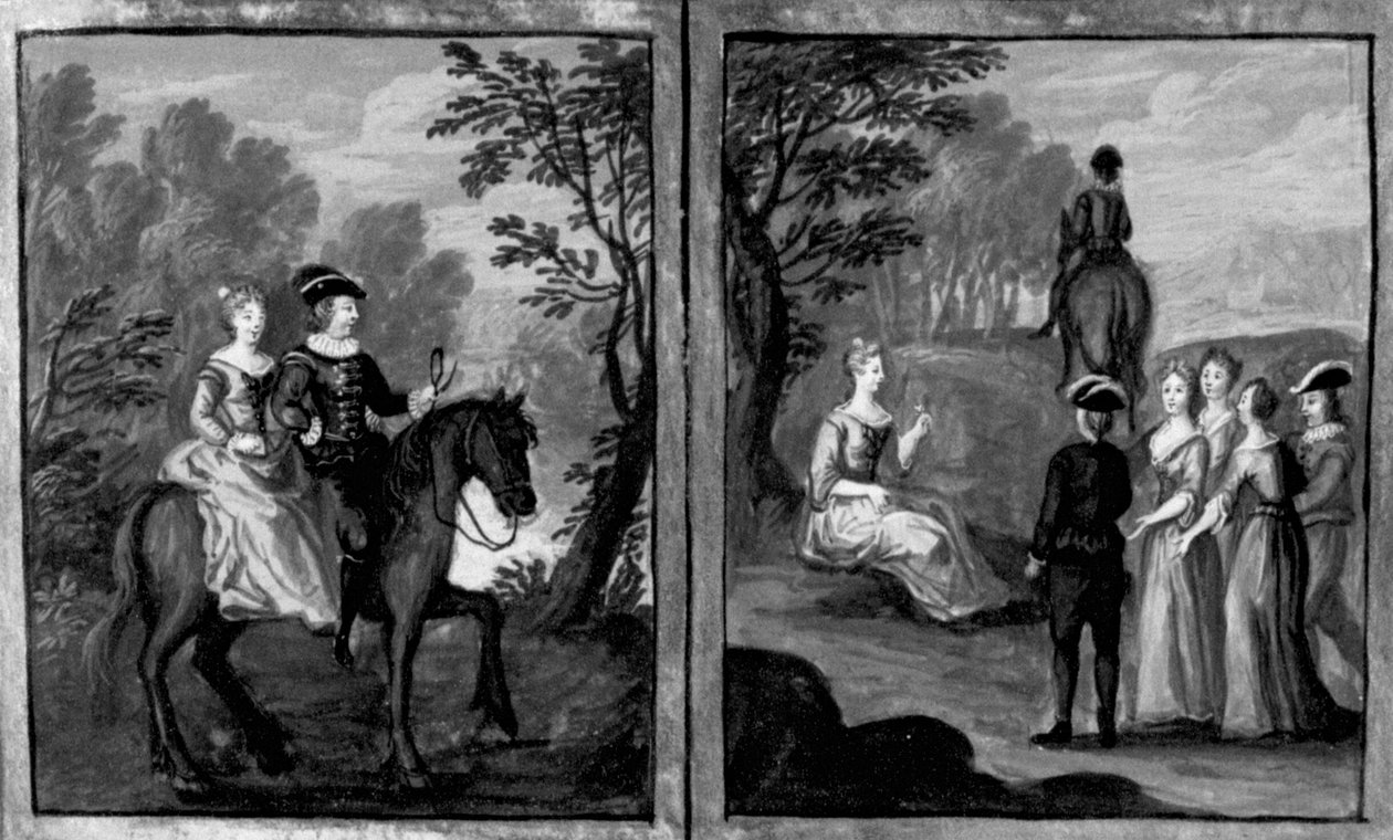 Decameron, Madame Oretta stemt in met een ruiter; Oretta stapt af. Zesde dag, kort verhaal 1 door Giovanni Boccaccio