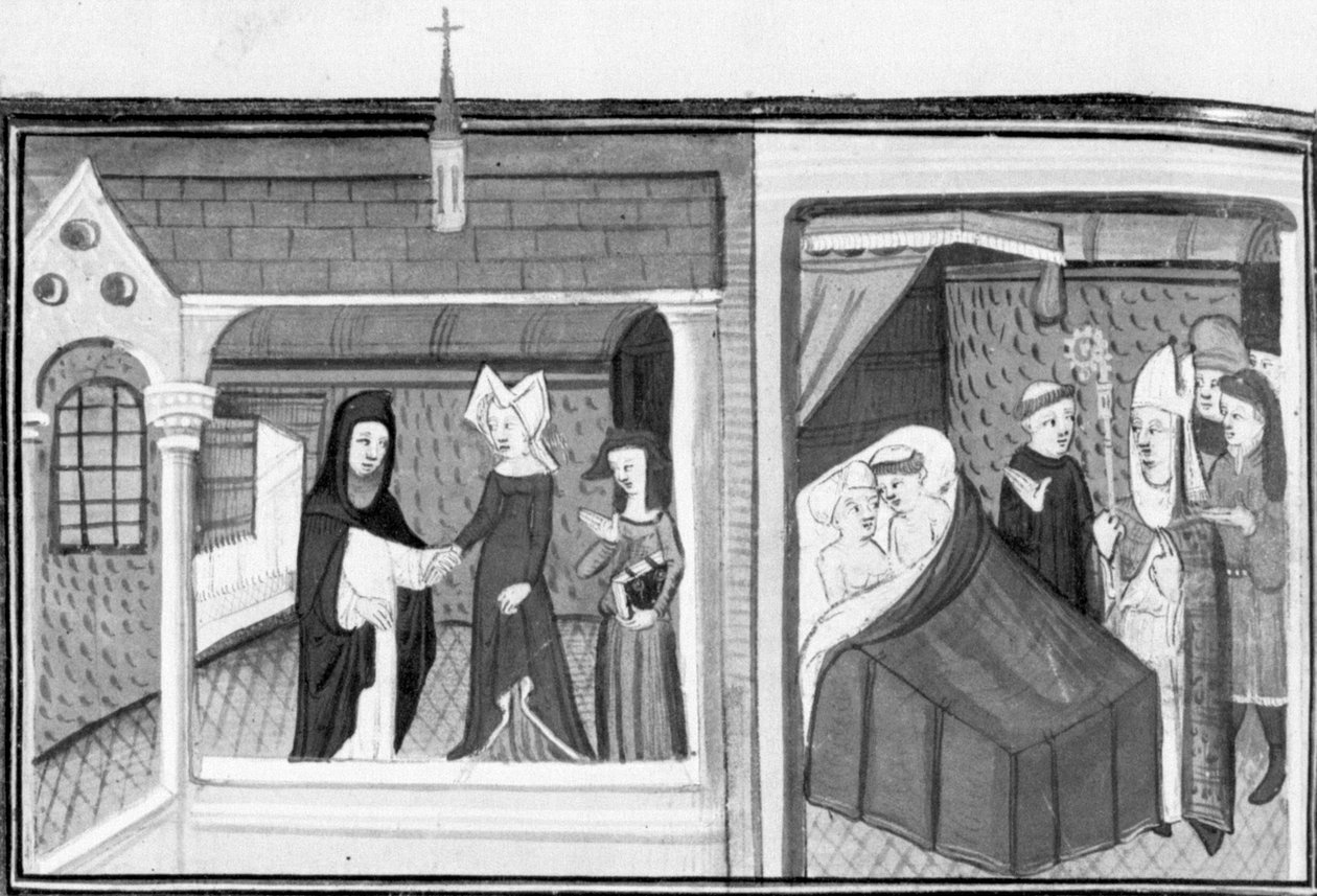 Decameron, Madame Piccarda bezoekt de pastoor van Fiesole; de pastoor wordt verrast door de bisschop in bed met de dienstmeid. Dag acht, kort verhaal 4 door Giovanni Boccaccio