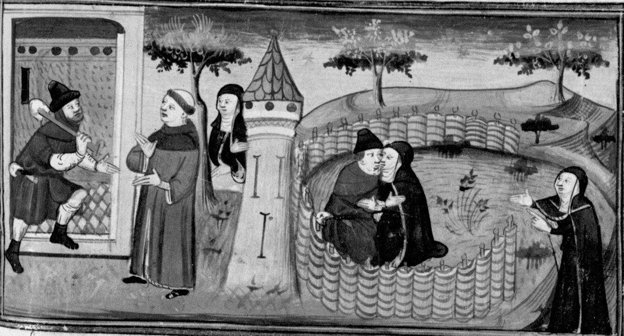Decameron, Masetto vraagt de voogd toestemming om het klooster binnen te gaan; Masetto kust een non. Derde dag, kort verhaal 1 door Giovanni Boccaccio